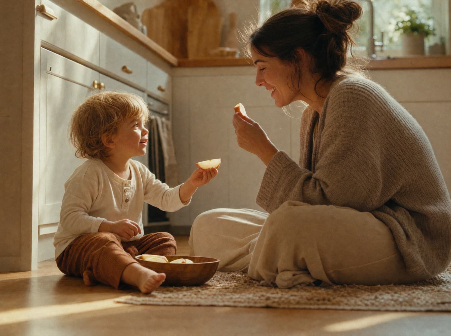 A parent sharing a slice of fruit with a young child
