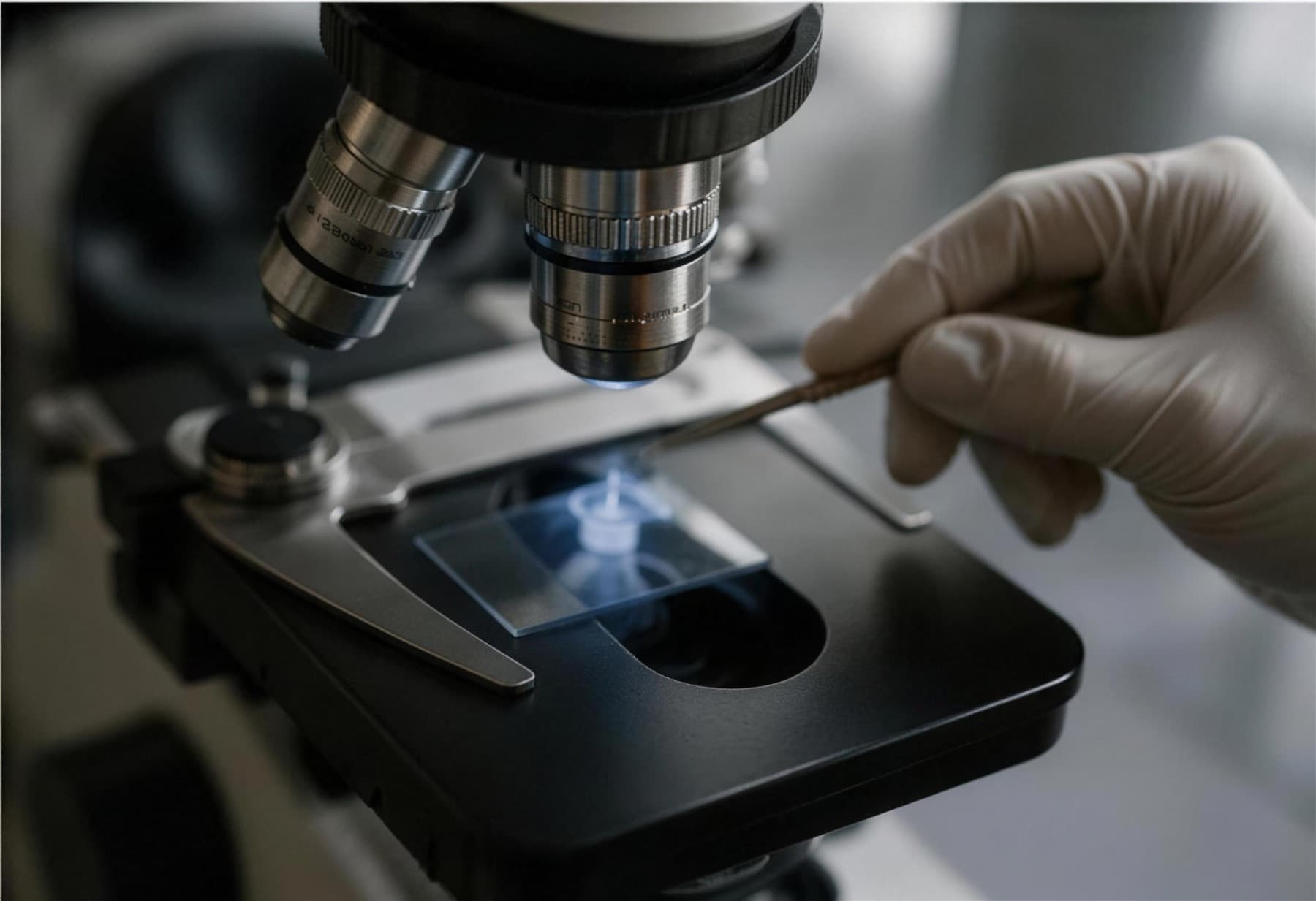 A gloved hand placing a sample under a laboratory microscope