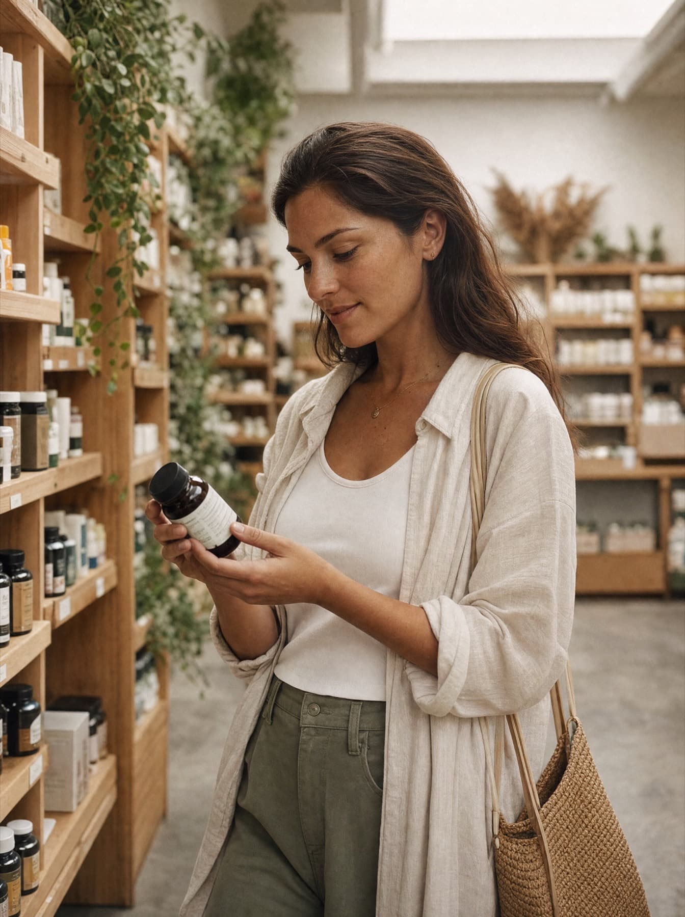 A shopper reading a supplement label in a wellness store
